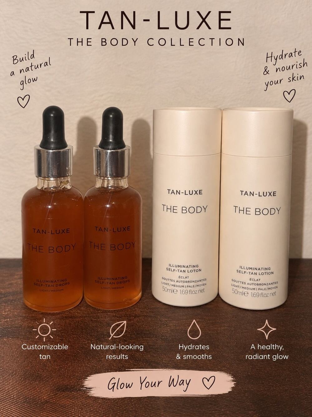 Tan-Luxe The Body Illuminating Self-Tan Drops Light/Medium 2 Pack 50ml Each